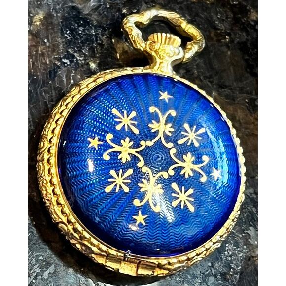 Vintage Swiss Glycine Ladies Pocket Watch Necklace Gold Lapis Manual Wind - Picture 1 of 8